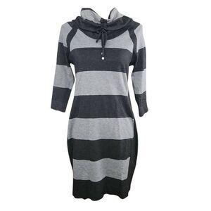 ETC Women's Size Medium Gray Striped Cowl Neck 3/4 Sleeve Dress